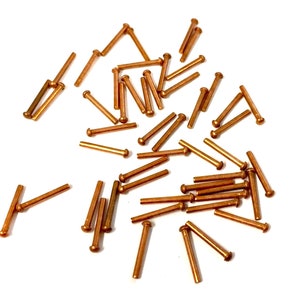 May include: A large quantity of copper-colored metal rivets, scattered on a white surface. The rivets are small and cylindrical with a rounded head on one end.