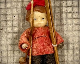 Vintage Tiny German ARI Rubber Alpine Doll With Ski’s, Doll House Doll - 1960’s - Rubber Baby Buggy Bumpers, Craft Supply (B)