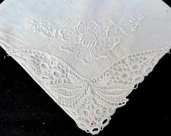 Vintage - Appenzell Style Hand Embroidered Lace Wedding Hankie White Wedding Hankie, White on White Intricate Embroidery - Hanky Panky