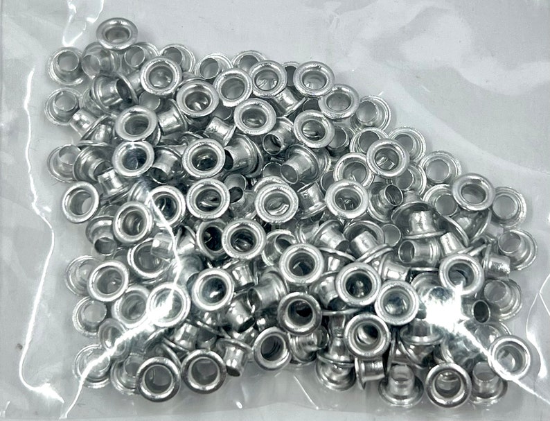 100 Eyelets, Grommets, Fastener 1/8, 3mm, Your Color Choice, Ant. Copper, Ant. Brass, Gun Metal, Silver, Gold, Jewelry and Craft Supply Satin Silver