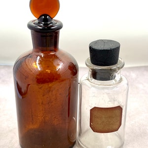 Vintage Pharmacy Apothocary Bottles, Lot of 2 - Amber with Glass Stopper, Clear with Rubber Stopper - All Original, As Is