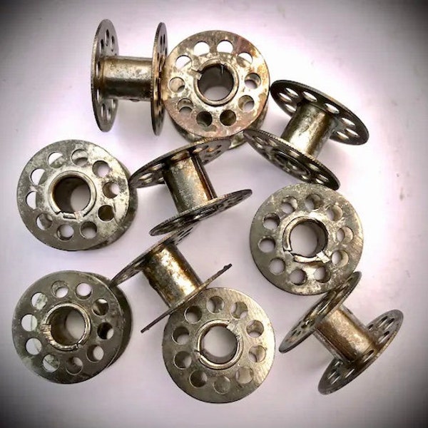 Holey Moley! Vintage Metal Sewing Machine Bobbins, Grouping Of 10, Jewelry and Craft Supply