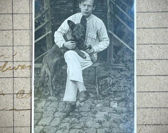Original Photo Postcard Of A Young Man With His Pet Dog, RPPC, Collectible Photograph, Craft Supply