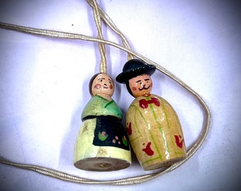 Tiny 1933 Chicago Worlds Fair Pair of Wooden Dolls On Cord, Hand Painted, Hungary, Souvenir, Highly Collectible