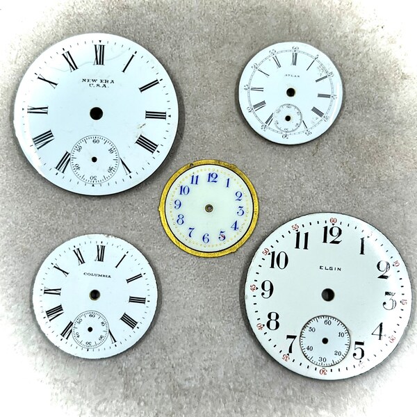 5 Antique, Vintage Porcelain Pocket Watch and Wrist Watch Dials, Faces, All Original, Elgin, New Era, Columbia….