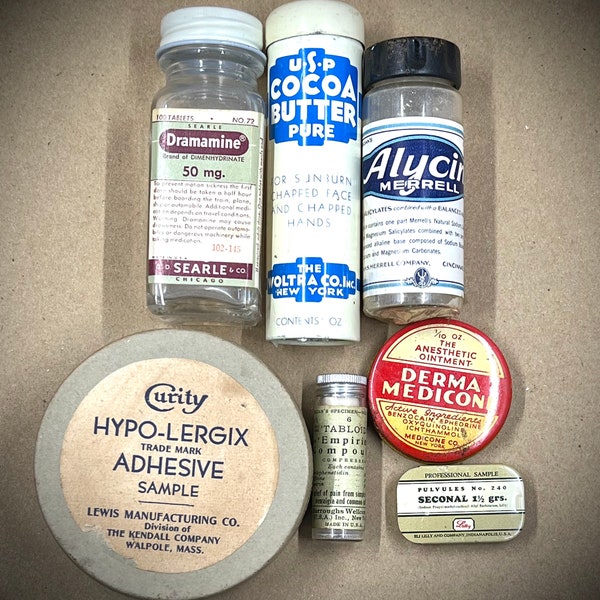 Vintage Lot Of 7 Medical Items, Containers, All Original, Sentinel Adhesive Tape, Curity Bandages, Plus Others