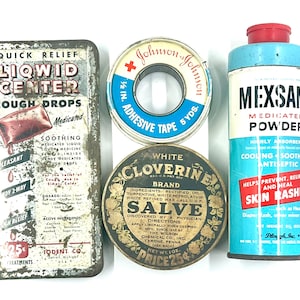 Vintage medicinburkar, 4 st - Klöver, hostdroppar, Mexsana, Johnson's, - Alla original, i befintligt skick