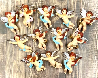 Vintage Set of 12 Angel Holiday Ornaments Musical Instruments, Plastic Blow Mold