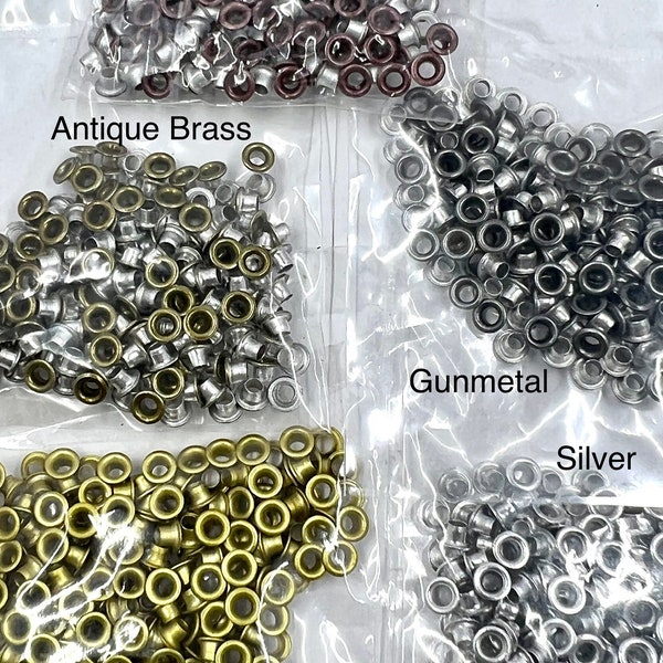 100 Eyelets, Grommets, Fastener 1/8”, 3mm, Your Color Choice, Ant. Copper, Ant.  Brass, Gun Metal, Silver, Gold, Jewelry and Craft Supply