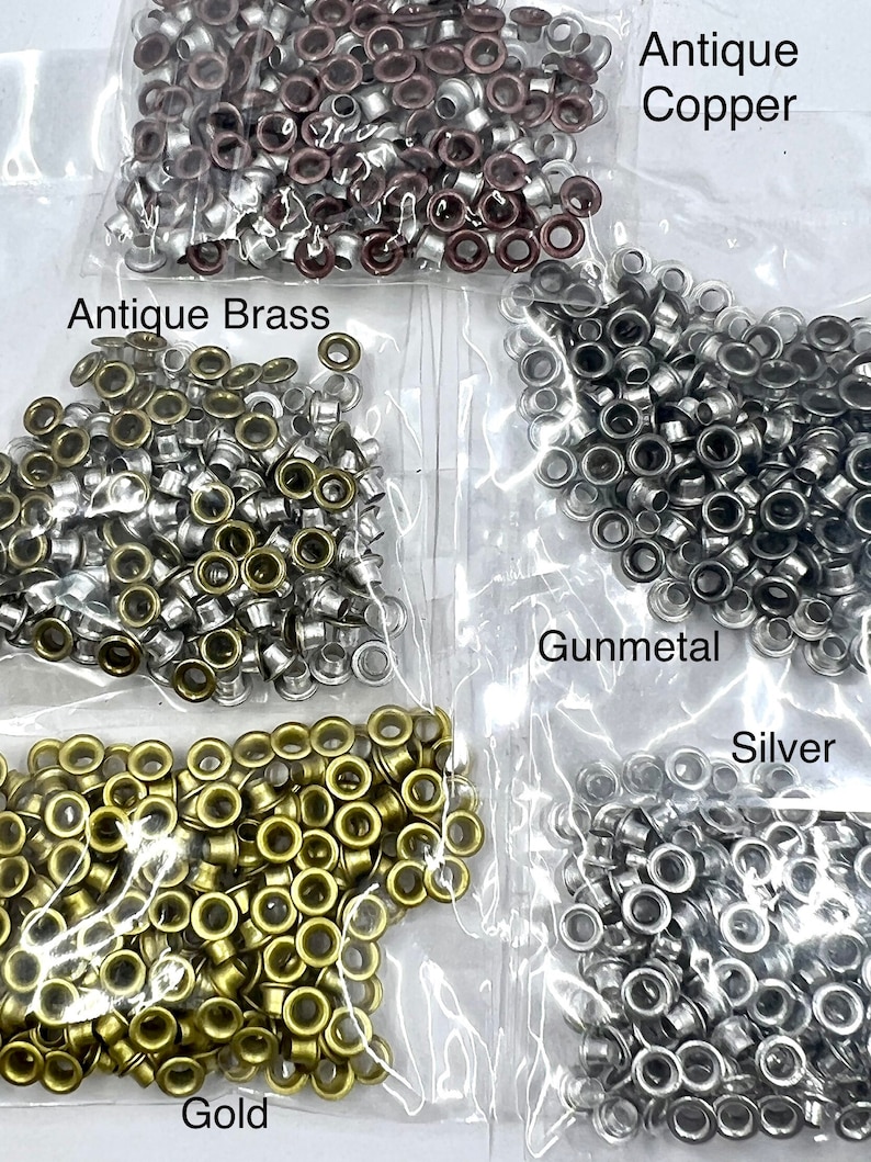 100 Eyelets, Grommets, Fastener 1/8, 3mm, Your Color Choice, Ant. Copper, Ant. Brass, Gun Metal, Silver, Gold, Jewelry and Craft Supply image 1