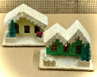 Rare Set Of 2 Putz Houses, Scalloped Frame Roof, Coconut Glitter Snow, Holiday House Decor, Made in Japan, 1050’s, Authentic Collectible