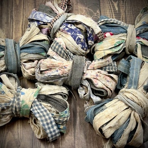 When She Wore A Ribbon - Grouping of 5 Yards Vintage Primitive Rag Ribbon, Your Choice Printed or Solid, Natural Aged