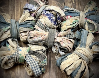 When She Wore A Ribbon - Grouping of 5 Yards Vintage Primitive Rag Ribbon, Your Choice Printed or Solid, Natural Aged