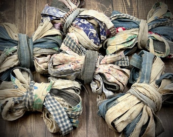 When She Wore A Ribbon - Grouping of 5 Yards Vintage Primitive Rag Ribbon, Your Choice Printed or Solid, Natural Aged