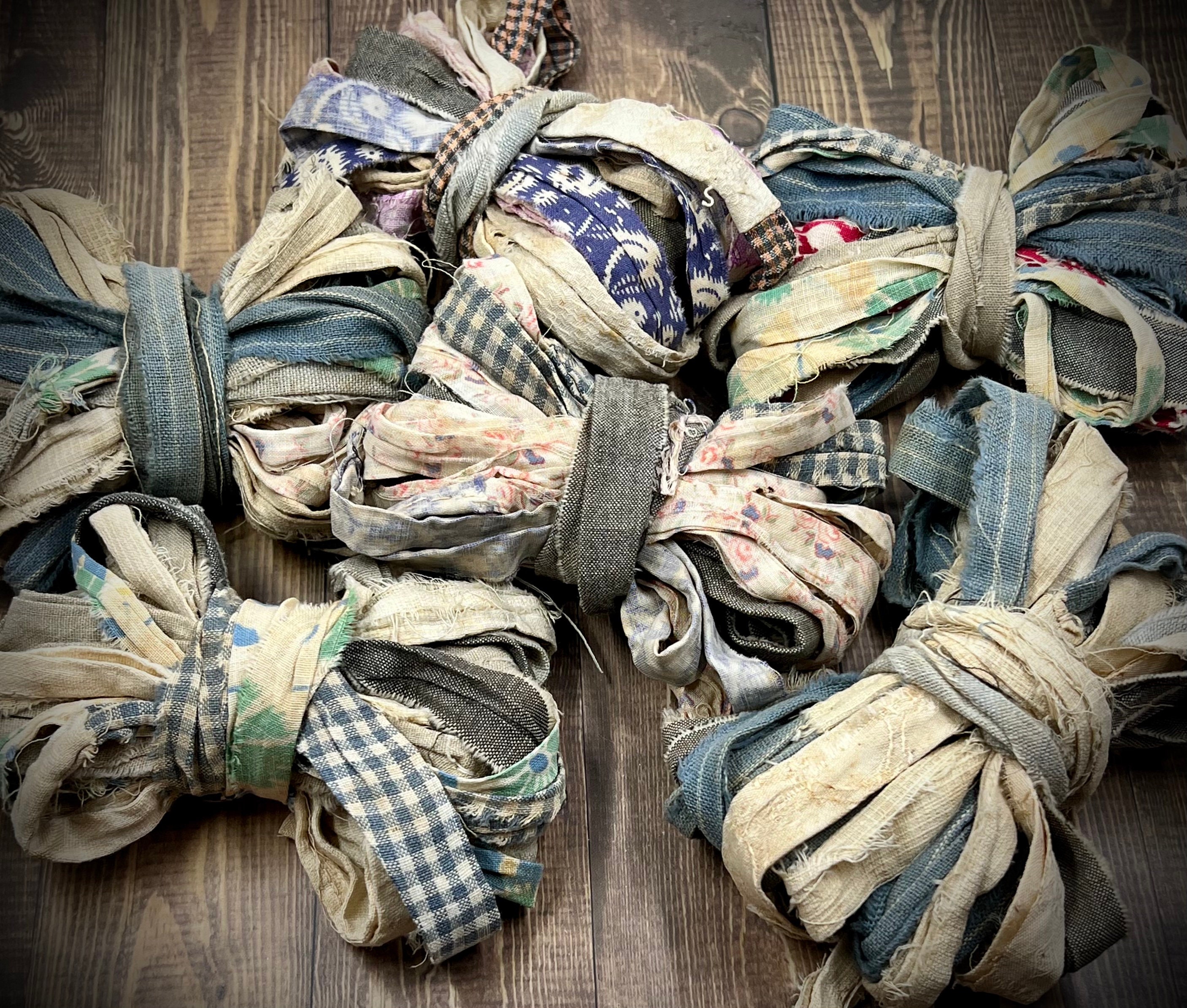 When She Wore A Ribbon - Grouping of 5 Yards Vintage Primitive Rag Ribbon, Your Choice Printed or Solid, Natural Aged