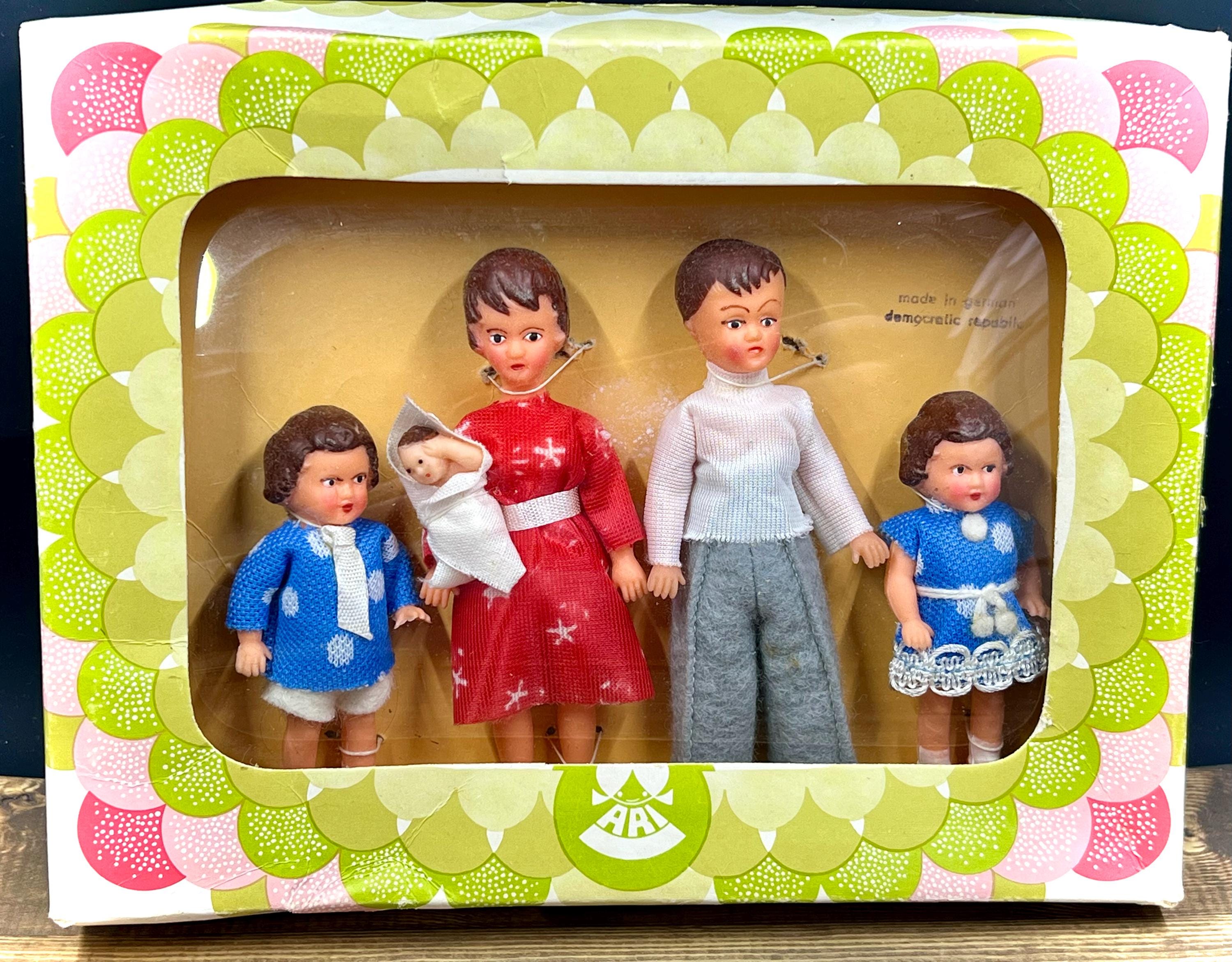 Vintage Tiny German “ARI” Doll House Family of 4+, Rubber Baby