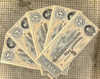 Counterfeit Confederate - 5 X 5 Dollar Bills Reproduction Confederate Money, Facsimile Copy, Craft Supply, Collectible