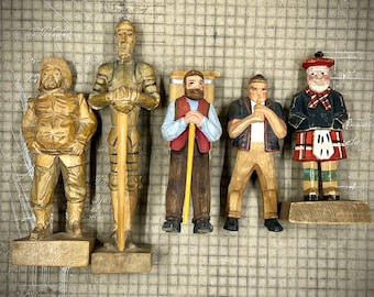 Vintage Lot of 5 Wood Hand Carved Folk Art Figures, Ouro, Hans Huggler Wyss, Stan Boyer