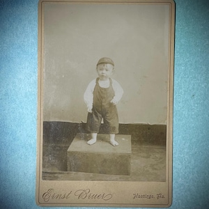 Fotografía antigua original, Niño pequeño y rudo, Tarjeta de gabinete, Fotógrafo Ernst Bruer, Imágenes de ayer, c. 1900, Material para manualidades