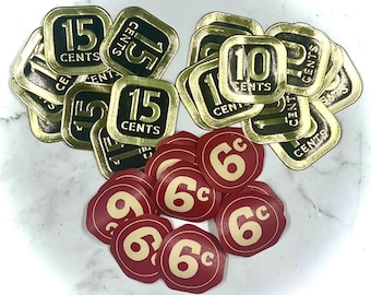 Assortimento di 30 etichette originali vintage per i prezzi, 6 centesimi, 10 centesimi, 15 centesimi, etichette per i prezzi dei negozi generali, etichette per i prezzi in lamina di sigaro, effimere