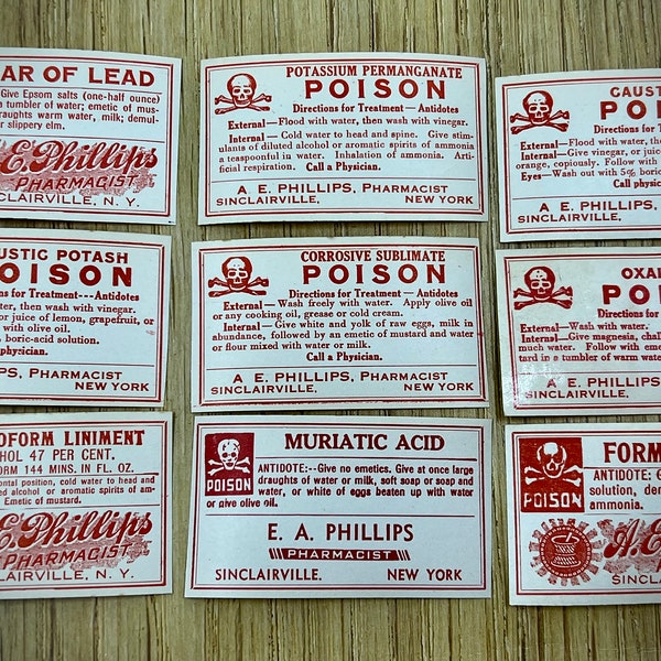 Vintage All Original NOS Poison Pharmacy Labels, EA Phillips Pharmacy, Sinclair, NY, - Grouping Of 9 Labels , Gummed Back - Lot A