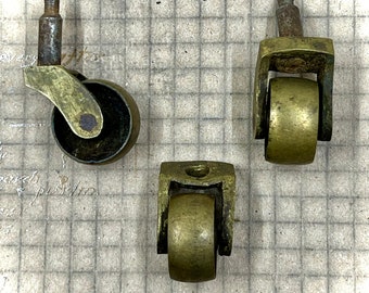 Set of 3 Vintage Brass Caster Wheels, Swivel Antique Furniture Peg Legs, Reclaimed Salvage Repair and Replacement Parts