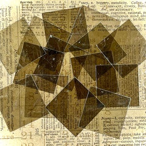 May include: An abstract collage with overlapping translucent shapes in brown and beige tones, set against a backdrop of old dictionary pages. The word "AMUSEMENT" is visible.