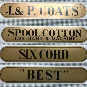 J & P COATS SPOOL CABINET DECALS 8 PIECE SET Gold on Black 9 1/2 X 1 11/16 