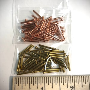 May include: Two bags of metal rivets, one bag contains gold-colored rivets and the other bag contains copper-colored rivets. The bags are sitting on a ruler that reads "MADE IN USA" and has markings for inches.