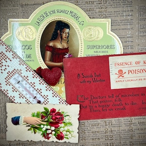 Assortiment unique de la Saint-Valentin, rare Saint-Valentin de 1915, thermomètre d'école indienne de St. Labre, carte de visite antique NOS, étiquette de boîte à cigares NOS