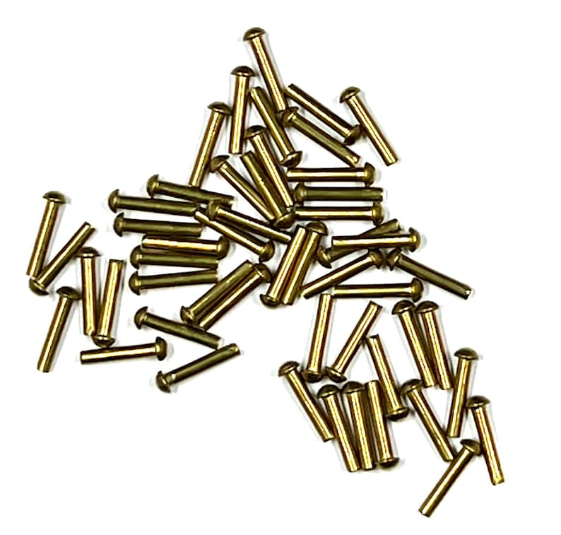 May include: A large quantity of gold-colored metal rivets. The rivets are about 1 inch long and have a rounded head.