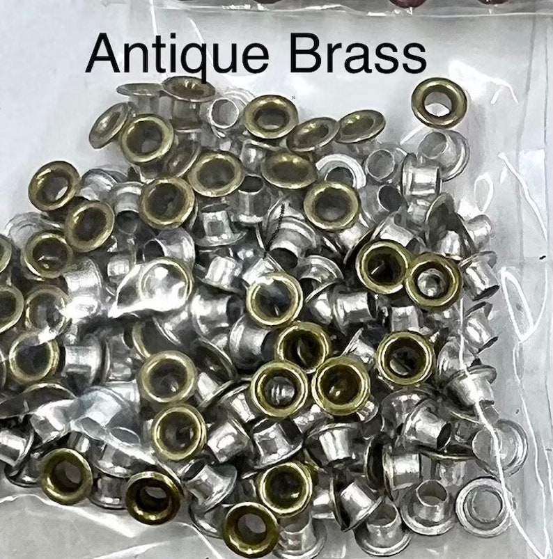 100 Eyelets, Grommets, Fastener 1/8, 3mm, Your Color Choice, Ant. Copper, Ant. Brass, Gun Metal, Silver, Gold, Jewelry and Craft Supply Antique Brass