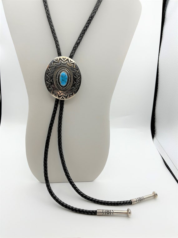 American West Sterling Silver Concho Slide Brown Braided Leather Bolo Tie