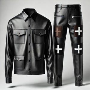Inspired by viral rapper style | Designer-Inspired Cross Patch Leather Set | Black Faux Leather Jacket & Pants | Streetwear Outfit | Drop 01