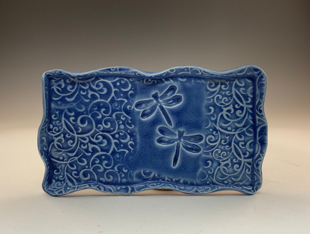 Blue Rectangular Plate With Two Dragonflies and Vines Etsy
