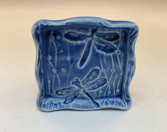 Little Blue Dish With Streaming Dots and Dragonflies