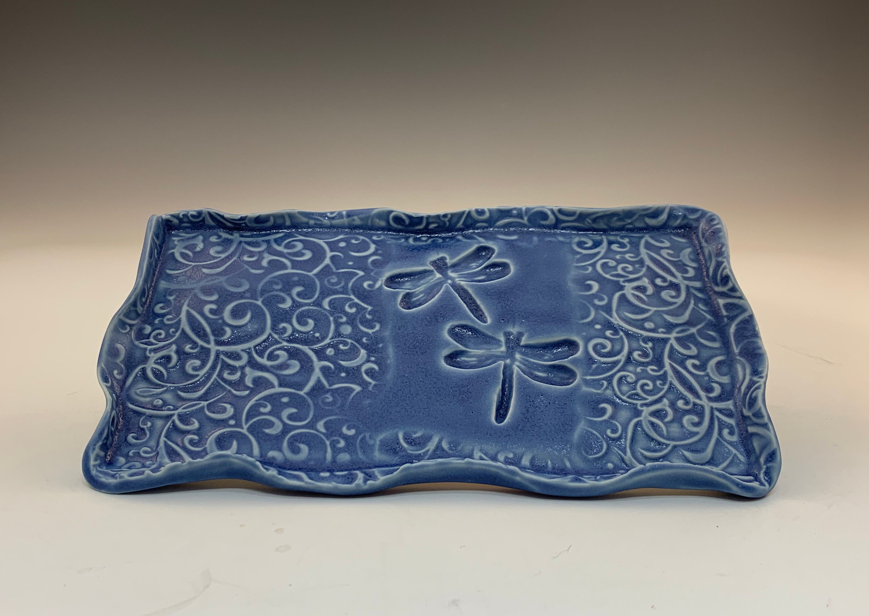 Blue Rectangular Plate With Two Dragonflies and Vines Etsy