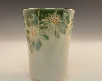 Porcelain Yunomi  With Wax Resist Technique  of Flowers and  Leaves