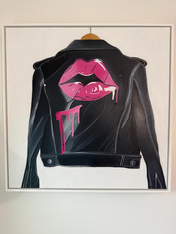 Leather Jacket Fashion Painting, Pink Lips Artwork, Original Oil Painting, Wall Art