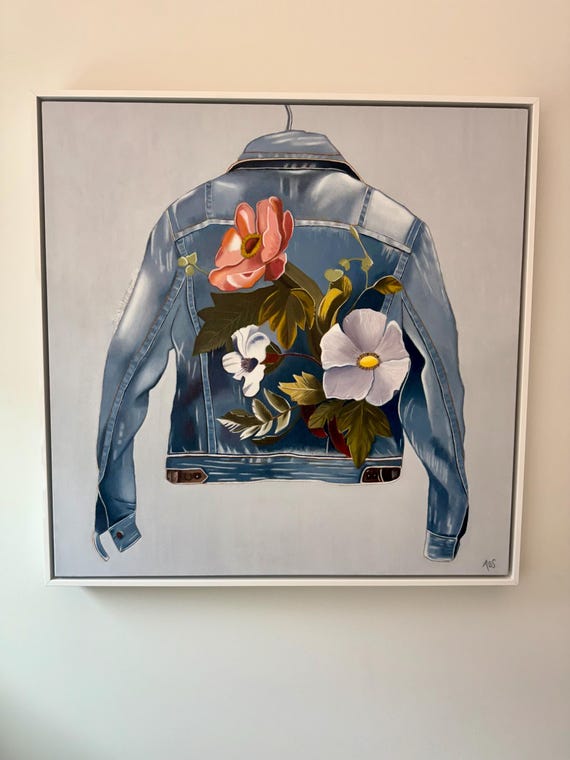 Floral Denim Jacket Wall Art - Oil Painting on Canvas in Floating Frame
