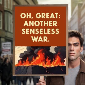 May include: A protest sign with the words "OH, GREAT: ANOTHER SENSELESS WAR." is held up in front of a crowd. The sign has a brown background with white text. Below the text is an illustration of fire and smoke.