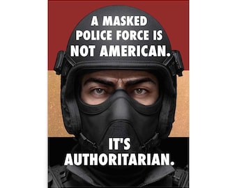 Cartel de protesta política de la Fuerza de Policía Enmascarada, contra ICE, justicia social, antifascismo y resistencia.
