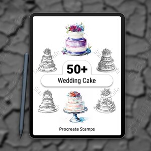 May include: A digital tablet displays a collection of wedding cake designs. The image features a watercolor-style cake with purple and blue accents, surrounded by line drawings of tiered cakes. Text reads "50+ Wedding Cake" and "Procreate Stamps."