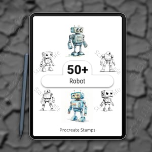 May include: A digital tablet displays a collection of robot illustrations in various styles. The image features the text "50+ Robot" and "Procreate Stamps". A stylus rests on the surface, suggesting digital art creation.
