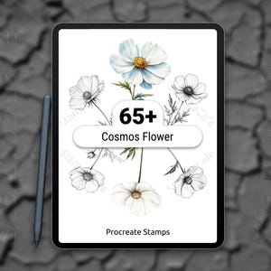 May include: A digital illustration of cosmos flowers displayed on a tablet. The image shows a watercolour-style flower in white, blue, and yellow, with line drawings of cosmos flowers around it. Text on the screen reads "65+ Cosmos Flower" and "Procreate Stamps". A stylus is next to the tablet.