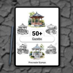 May include: A digital illustration on a tablet featuring multiple gazebo designs. The image includes the text "50+ Gazebo" and "Procreate Stamps". The gazebos are depicted in various styles, with some in color and others in black and white.