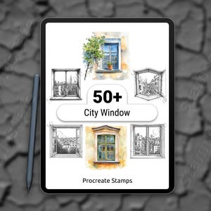 Può includere: Un tablet digitale mostra illustrazioni ad acquerello di finestre di città. L'immagine include il testo "50+ City Window" e "Procreate Stamps". Una penna stilo è appoggiata sul lato del tablet.