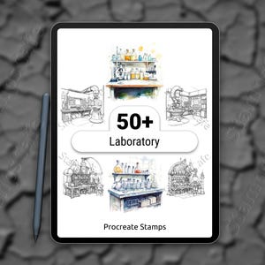 May include: A digital tablet displays a collection of Procreate stamps with laboratory-themed illustrations. The image features the text "50+ Laboratory" and "Procreate Stamps". A stylus rests on the side of the tablet, set against a textured, gray background.