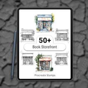 May include: A digital tablet displays watercolor illustrations of various book storefronts. The image includes the text "50+ Book Storefront" and "Procreate Stamps". A stylus rests on the surface, suggesting digital art creation.