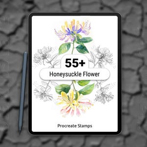 May include: A digital tablet displays a honeysuckle flower design. The image features a watercolor illustration of a yellow and purple honeysuckle flower with green leaves. Text reads "55+ Honeysuckle Flower" and "Procreate Stamps". A stylus is next to the tablet.